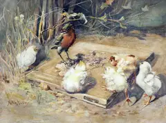 Nellie Harvey, Chicks And A Bird Outside A Farm, Watercolour on paper laid to card, unframed