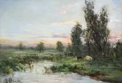 George Boyle, Summer Landscape With Cattle By A River, Oil on board