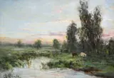 George Boyle, Summer Landscape With Cattle By A River, Oil on board