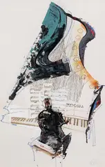 Bernard Rooke, The Pianists, oils and collage, framed