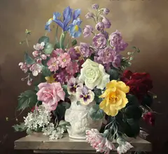 Harold Clayton, Still Life Of Flowers In A Vase On A Ledge, Oil on canvas