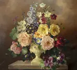 Harold Clayton, Still Life Of Flowers In An Urn On A Ledge, Oil on canvas