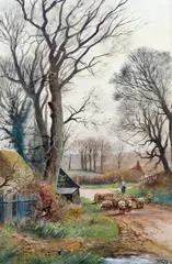 Henry Charles Fox, Shepherd Moving His Flock On A Country Path, 1919, watercolour