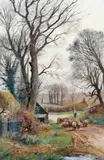 Henry Charles Fox, Shepherd Moving His Flock On A Country Path, 1919, watercolour