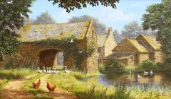 Edward Hersey, Cottages By A Pond, Oil on canvas