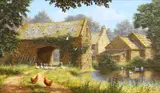 Edward Hersey, Cottages By A Pond, Oil on canvas