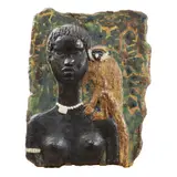 Michael Schilkin, An African woman with a monkey, ceramic relief