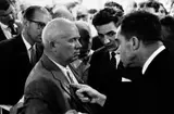 Elliott Erwitt, The Kitchen Debate', Nikita Khrushchev and Richard Nixon, Moscow 1959, 1959, Vintage silver print on single-weight glossy paper, in very good condition. Photographer's Magnum stamp, negative number stamp and handwritten annotations on the reverse