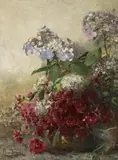 Magda Kröner, Blumenstillleben mit Hortensien und Päonien, Öl auf Leinwand