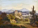 Herrmann Lungkwitz, Flusslauf im Gebirge mit Burganlage und Stadt, Öl auf Leinwand