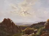 Robert Kummer, "Sonnenuntergang im Elbsandsteingebirge", Öl auf Malkarton