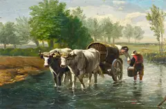 Jan Kobell, Bauern mit Ochsenkarren im Wasser, Öl auf Holz
