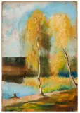 Lesser Ury, Birken am märkischen See, Pastell auf Pappe