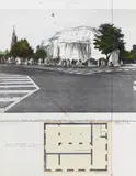 Christo, Aus: "Packed Kunsthalle Bern, Project", Farbserigrafie mit Collage (Stoff, Bindfaden und Plan) auf Karton