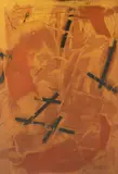 Imi Knoebel, Ohne Titel (Mennige-Bild), Collagierte Mischtechnik (Rostschutzfarbe, Klebeband, Plastikfolie, Schmutz, Firnis) über bearbeiteter Holzplatte