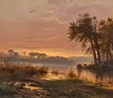Frederik Rohde, Flusslandschaft im Abendlicht, Öl auf Leinwand