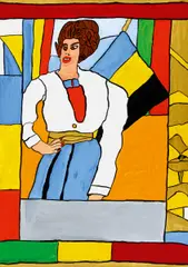 Josef Wittlich, Frau in weißer Bolerojacke und blauem Rock, Tempera auf SCHOELLERSHAMMER 4G (Trockenstempel)