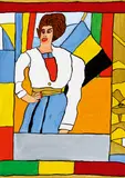 Josef Wittlich, Frau in weißer Bolerojacke und blauem Rock, Tempera auf SCHOELLERSHAMMER 4G (Trockenstempel)