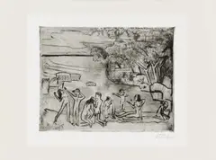 Max Pechstein, Am Ufer, Aquatintaradierung auf Bütten