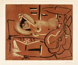 Femme couchée et guitariste by Pablo Picasso, Farblinolschnitt auf Arches (Wasserzeichen), sold Jun 2016