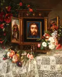 Emile Serda, A Still Life with Triptych and Flowers on Lace Tablecloth -, Oil on canvas