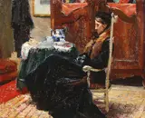 Pierre Jules Tranchant, Interior Scene of Woman Drinking Tea, Oil on canvas (unstretched)