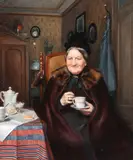Wilhelm J. Burger, Woman Drinking Tea -, Oil on canvas
