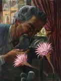 Otto Vitalli, Portrait of a Botanist Examining a Flowering Cactus -, Oil on artist board