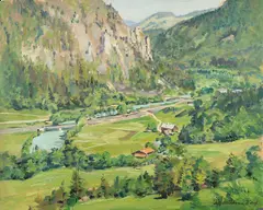Fritz Köhler, Alpine River Valley, Oil on wood panel
