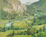 Fritz Köhler, Alpine River Valley, Oil on wood panel