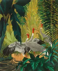 Jessie Arms Botke, Saurus Cranes -, Oil, gold foil on board