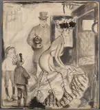 Rose O'Neill, Stepping Into the Carriage and Trying to Calm Baby -, Pen and ink, pen and ink and pencil