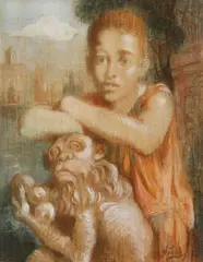 Conger Metcalf, Boy with Garden Figure, Oil on masonite