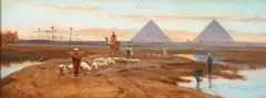 Frederick Goodall, Herding Sheep Along the Nile at Dusk Near Pyramids -, Oil on canvas