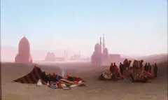 Théodore Frère, Cairo Desert Scene with Mosques, Oil on wood panel