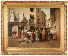 Antonio Gisbert, Street Scene Celebration, Oil on wood panel