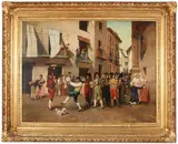 Antonio Gisbert, Street Scene Celebration, Oil on wood panel