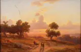Robert Kummer, A Glowing Expansive Landscape with Travelers -, Oil on paper laid on cardboard