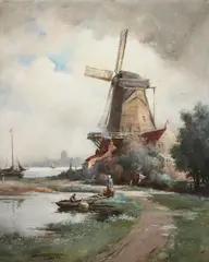 William Kay Blacklock, A Dutch Landscape with Windmill -, Watercolor