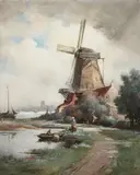 A Dutch Landscape with Windmill - by William Kay Blacklock, Watercolor, sold Nov 2016