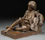 Léon Tharel, The Sleeping Fiddler, Bronze with brown patina