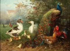 Julius Scheuerer, Barnyard Fowl, Oil on wood panel