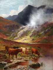 Daniel Sherrin, Scottish Highland Cattle Scene, Oil on canvas laid down