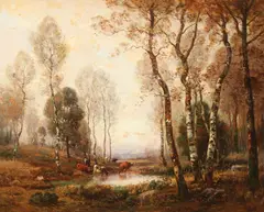 Bucolic Wooded Landscape with Cattle Watering by Louis Aimé Japy, Oil on canvas, offered Nov 2016