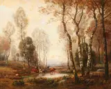 Louis Aimé Japy, Bucolic Wooded Landscape with Cattle Watering, Oil on canvas