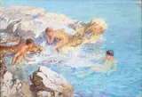 Johann Seits, Boys Swimming in Dubrovnik - 1929 and A View of Dubrovnik from the Water with Sailing Yacht Sabrina in the Distance - 1929 -, Both watercolor and gouache