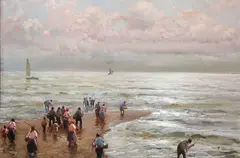 Federico Morello, Digging for Clams, Oil on wood panel