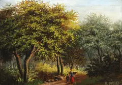 M. Donat, Forest Interior with Travelers -, Oil on wood panel