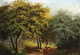 M. Donat, Forest Interior with Travelers -, Oil on wood panel
