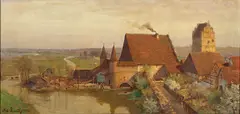 Adolf Luntz, View of the Mill Dinkelsbuhl, German -, Oil on canvas